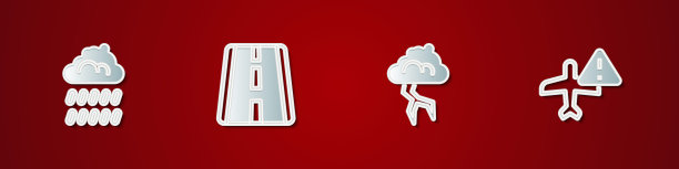 设置云与雨，机场跑道，风暴和警告飞机图标。向量图片下载