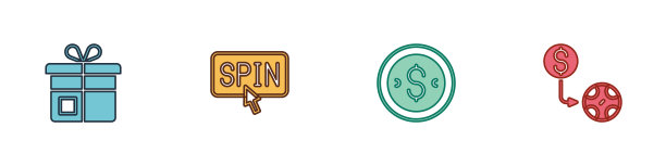 设置礼盒，老虎机旋转按钮，硬币与美元和赌场筹码交换图标。向量图片下载