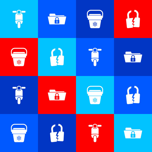 设置滑板车，文件夹和锁，冷却器袋和破碎或破碎的图标。向量图片下载