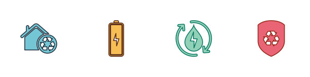设置生态住宅与回收，电池，回收清洁水和内部盾牌图标。向量图片下载