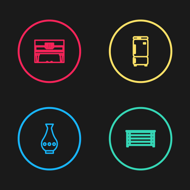 设置线花瓶，抽屉的衣柜，冰箱和大钢琴图标。向量图片下载