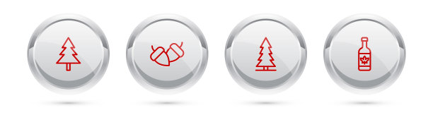 集线圣诞树，橡子，加拿大云杉和啤酒瓶。银圈按钮。向量图片下载