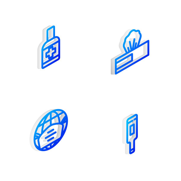 设置等距线湿擦包，液体抗菌肥皂，带医用口罩的地球和医用温度计图标。向量图片下载