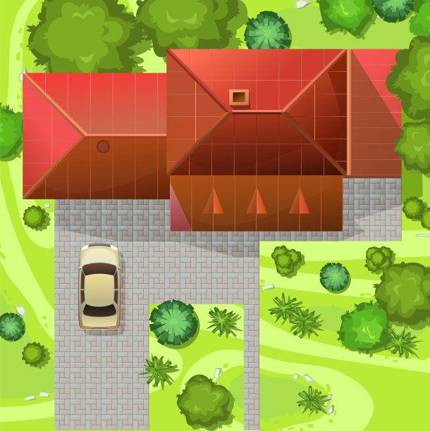 房子和车在草地上的路。从上面俯视。小镇的建筑和树木。卡通可爱风格插图。向量的建筑图片下载
