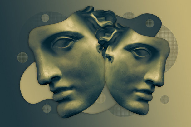 仿古人面雕塑拼贴，超现实风格。现代创意概念形象与古代雕像头像。电子杂志的文化。当代艺术海报。时髦的朋克极简主义。不寻常的设计。图片下载