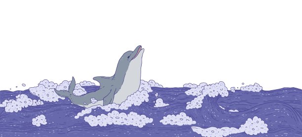 海豚在海浪中游泳跳跃。有好玩的水生动物的海景。涂鸦线矢量插图横幅。图片下载