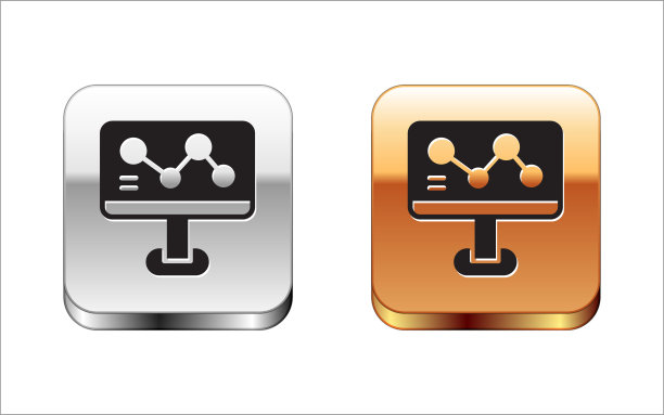 黑色化学公式在监视器图标孤立在白色背景上。六边形用于创新医学、健康、研究和科学。金银平方按钮。向量图片下载