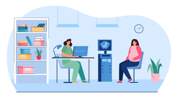 孕妇在医院的平面矢量插图图片下载