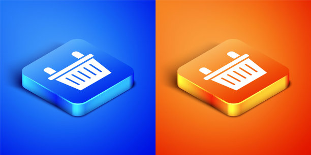 等距自行车篮子图标孤立在蓝色和橙色背景。方形按钮。向量图片下载