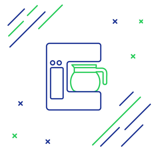 蓝色和绿色线咖啡机与玻璃壶图标孤立在白色背景。色彩斑斓的轮廓的概念。矢量图图片下载