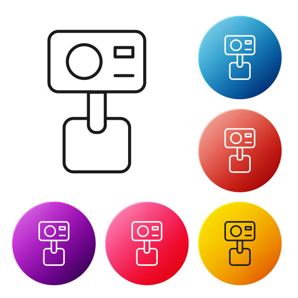 黑线行动极端相机图标孤立在白色背景上。拍摄极限运动的摄像机设备。设置图标彩色圆圈按钮。向量图片下载