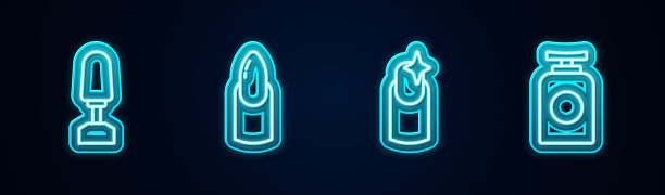 设置线铣刀修指甲，指甲和管护手霜。发光的霓虹灯图标。向量图片下载