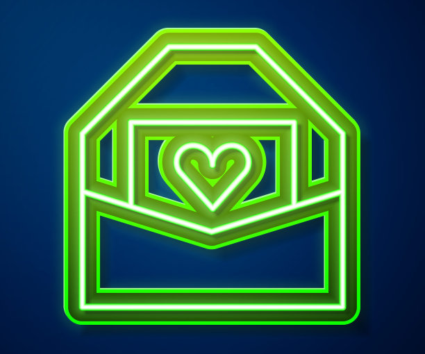 发光霓虹灯线信封与情人节心脏图标孤立在蓝色背景上。消息的爱。情书和浪漫。向量图片下载