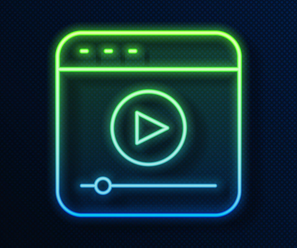 发光的霓虹灯线实时在线视频游戏播放图标孤立在蓝色背景。向量图片下载
