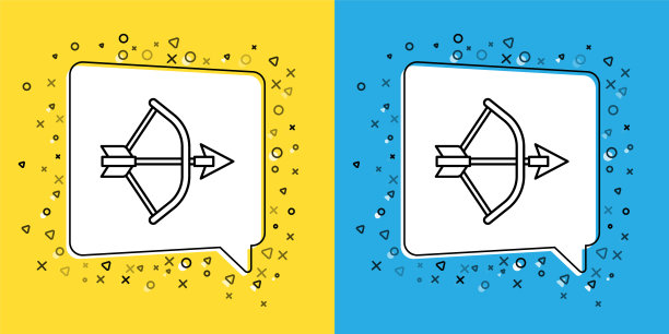 设置线弓和箭在箭袋图标孤立在黄色和蓝色的背景。向量图片下载