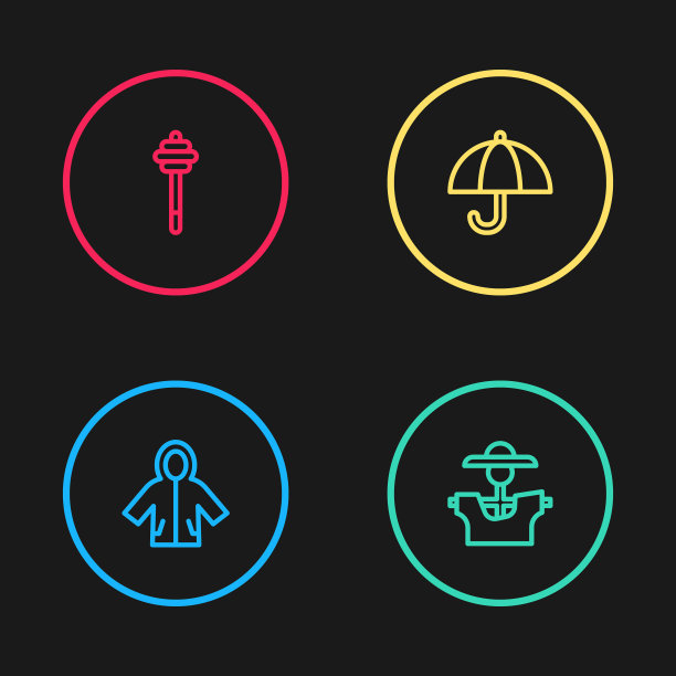 设置线雨衣，稻草人，雨伞和蜂蜜勺棒图标。向量图片下载