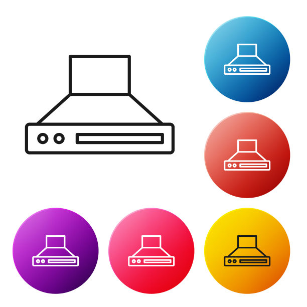 黑色线厨房抽油器风扇图标孤立在白色背景。炊具罩。厨房排气。家用电器。设置图标彩色圆圈按钮。向量图片下载