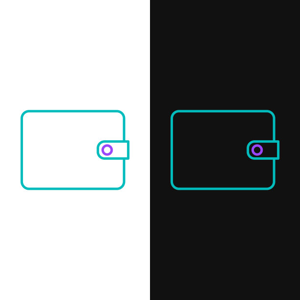 绿色和紫色线钱包图标孤立在白色和黑色背景。钱包图标。现金储蓄的象征。矢量图图片下载