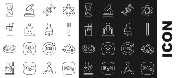 设置线二氧化硫二氧化硫，放射性，试管，DNA符号，显微镜，实验室玻璃器皿，旧沙漏和图标。向量图片下载
