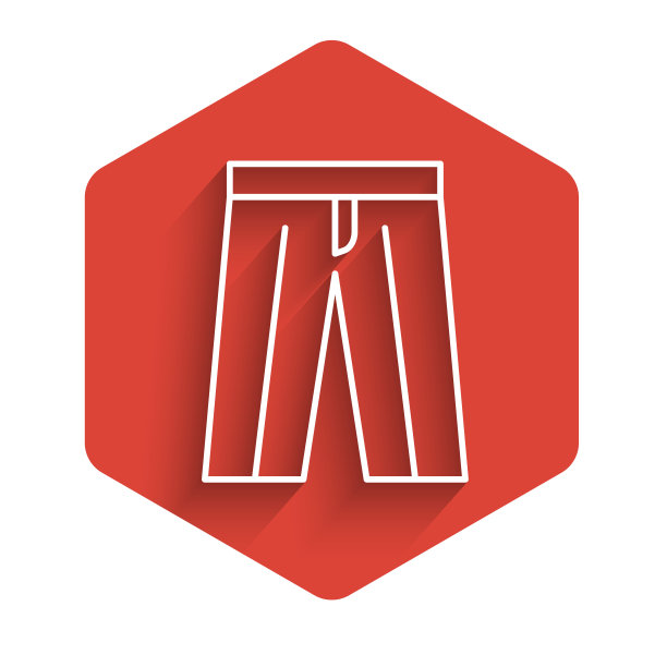 白线裤子图标孤立与长阴影背景。裤子的迹象。红色的六角按钮。向量图片下载