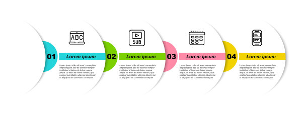 设置在线外语学习，视频字幕，课程表和在线翻译。业务信息模板。向量图片下载
