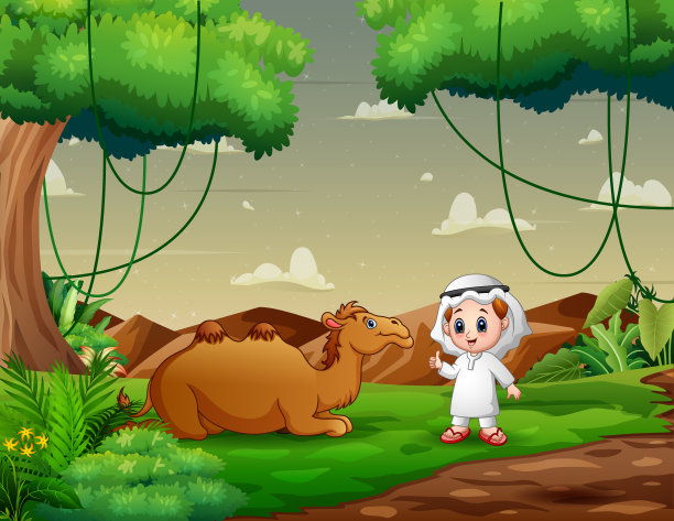 漫画:一个商队在绿色的草地上放牧骆驼图片下载