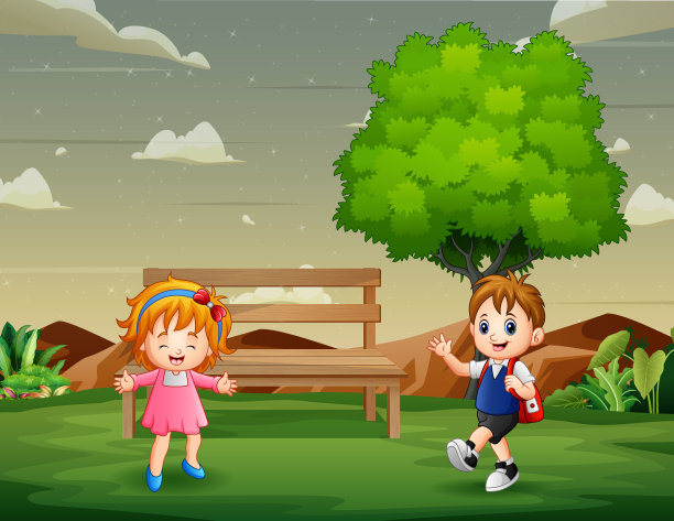 卡通男孩和他的朋友在公园见面图片下载