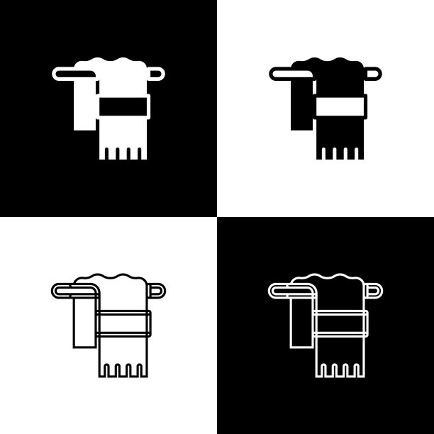 设置毛巾在衣架图标孤立的黑色和白色背景。浴室毛巾图标。向量图片下载