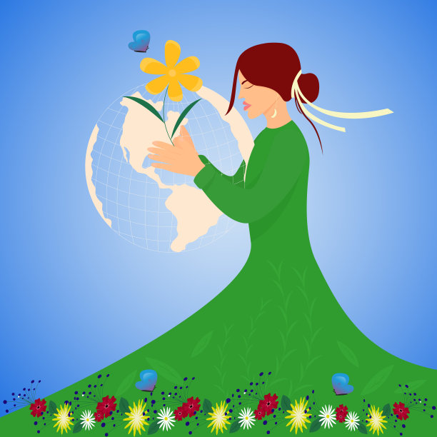 地球母亲日的卡通插图。一个女人用花草和飞舞的蝴蝶拥抱大地图片下载