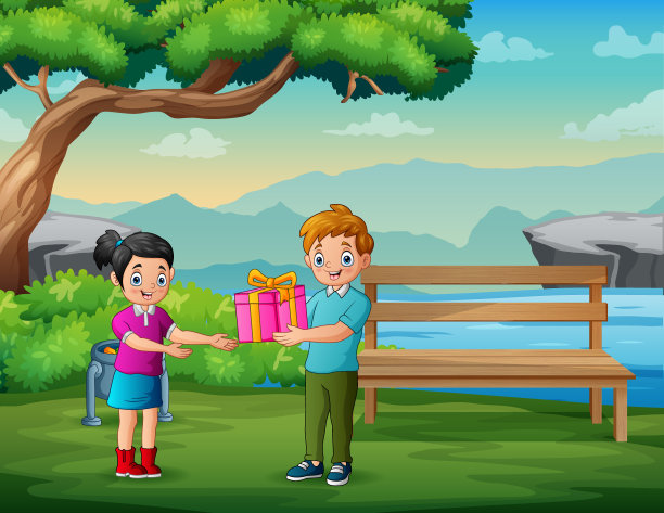 卡通快乐男孩送礼物给他的女朋友图片下载