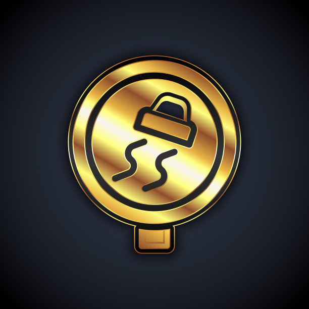 金色湿滑道路交通警告图标孤立在黑色背景上。交通规则，安全驾驶。向量图片下载