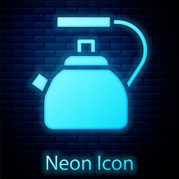 发光的霓虹灯水壶与手柄图标孤立在砖墙背景上。茶壶图标。向量图片下载
