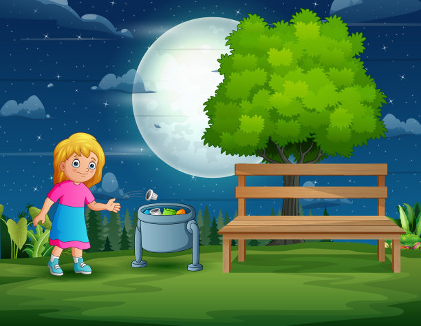 卡通女孩把塑料扔进垃圾桶图片下载