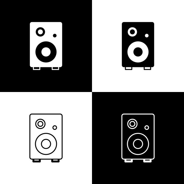设置立体声扬声器图标孤立在黑白背景上。音响系统扬声器。音乐图标。音乐柱式扬声器低音设备。向量图片下载
