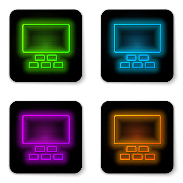 霓虹灯线影院礼堂与屏幕和座位图标孤立在白色背景上。黑色方形按钮。向量图片下载