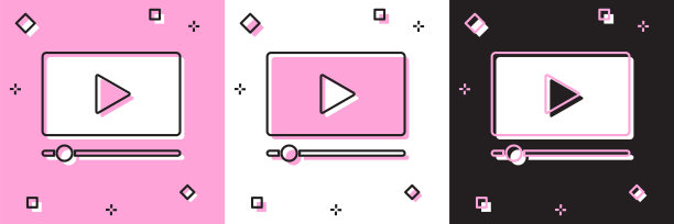 设置在线播放视频图标孤立在粉红色和白色，黑色背景。带游戏标志的电影带子。向量图片下载