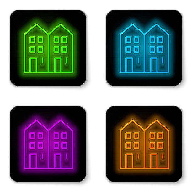 发光的霓虹灯线房子图标孤立在白色背景上。家的象征。黑色方形按钮。向量图片下载