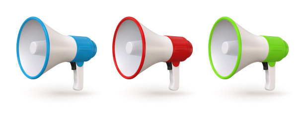 3d逼真的红色，蓝色和绿色扩音器，扬声器图标。公共发言人的演讲，紧急情况或宣布。扩音器向量组图片下载