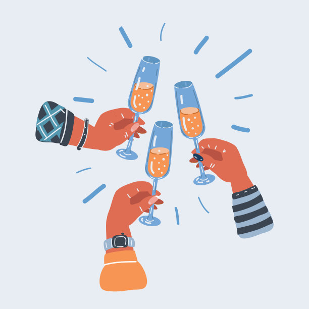 矢量插图的手的三个女人在派对上用香槟干杯图片下载