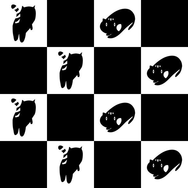 可爱的虎斑黑猫剪影棋盘无缝图案。图片下载