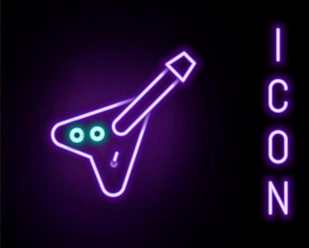 发光霓虹灯线电子低音吉他图标孤立在黑色背景上。色彩斑斓的轮廓的概念。向量图片下载