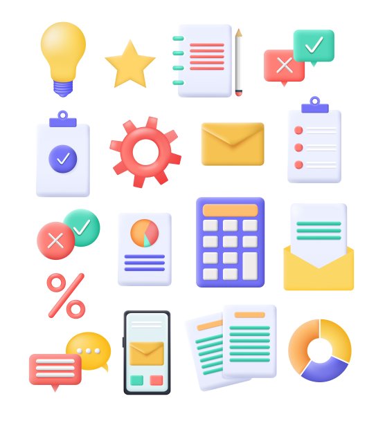 三维渲染风格的商业图标矢量集。短信通知，检查标记，文件和合同，电子邮件，灯泡，手机，财务图表。办公和业务元素图片下载