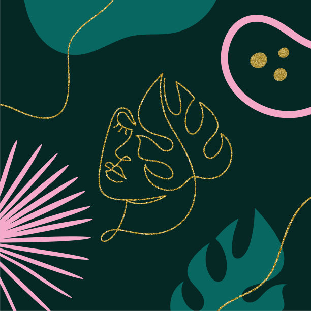 抽象的现代背景与平面和线条艺术热带绿叶。图片下载