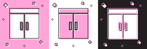 设置衣柜图标孤立在粉红色和白色，黑色背景。向量图片下载