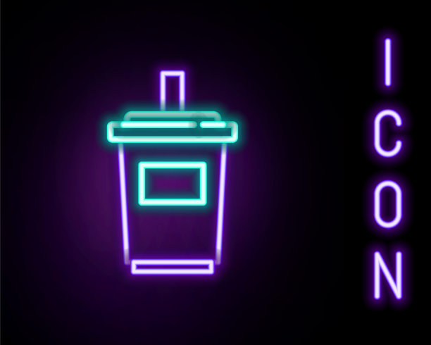 发光的霓虹灯线纸玻璃与饮用吸管和水图标孤立在黑色背景。苏打饮料的玻璃。新鲜冷饮象征。色彩斑斓的轮廓的概念。向量图片下载
