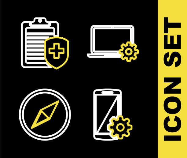 设置线上笔记本电脑和设备，设置在智能手机，风玫瑰和剪贴板与医疗保险图标。向量图片下载