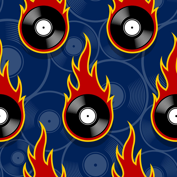 无缝向量模式与复古乙烯基唱片图标和火焰。图片下载