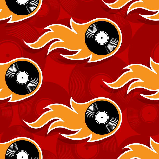 无缝向量模式与复古乙烯基唱片图标和火焰。图片下载