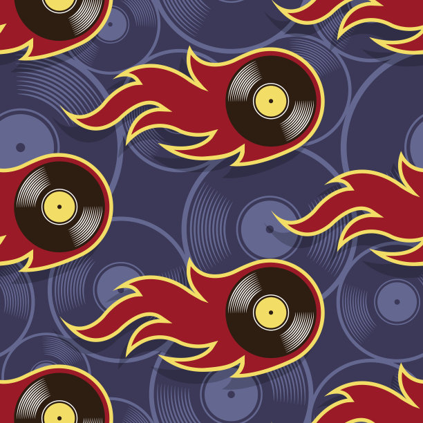 无缝向量模式与复古乙烯基唱片图标和火焰。图片下载