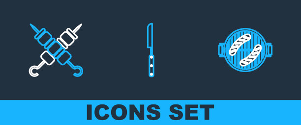 设置线烧烤烧烤与香肠，烤肉串和刀的图标。向量图片下载